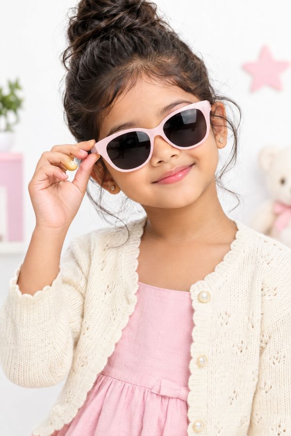 Child trying on eyeglasses at an optical store with a Jude Eyewear associate.